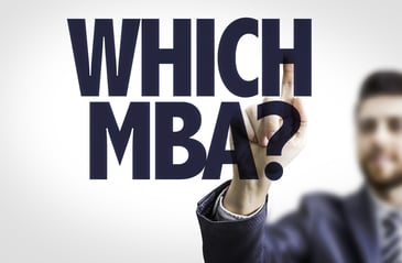 Business man pointing to transparent board with text Which MBA?